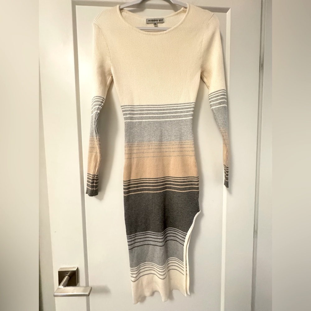 Madden Girl Striped Long Sleeve Dress - Cream, Gray, Tan